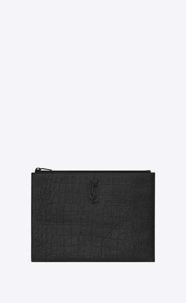tablet-etui aus schwarzem leder mit krokodilprägung mit reißverschluss